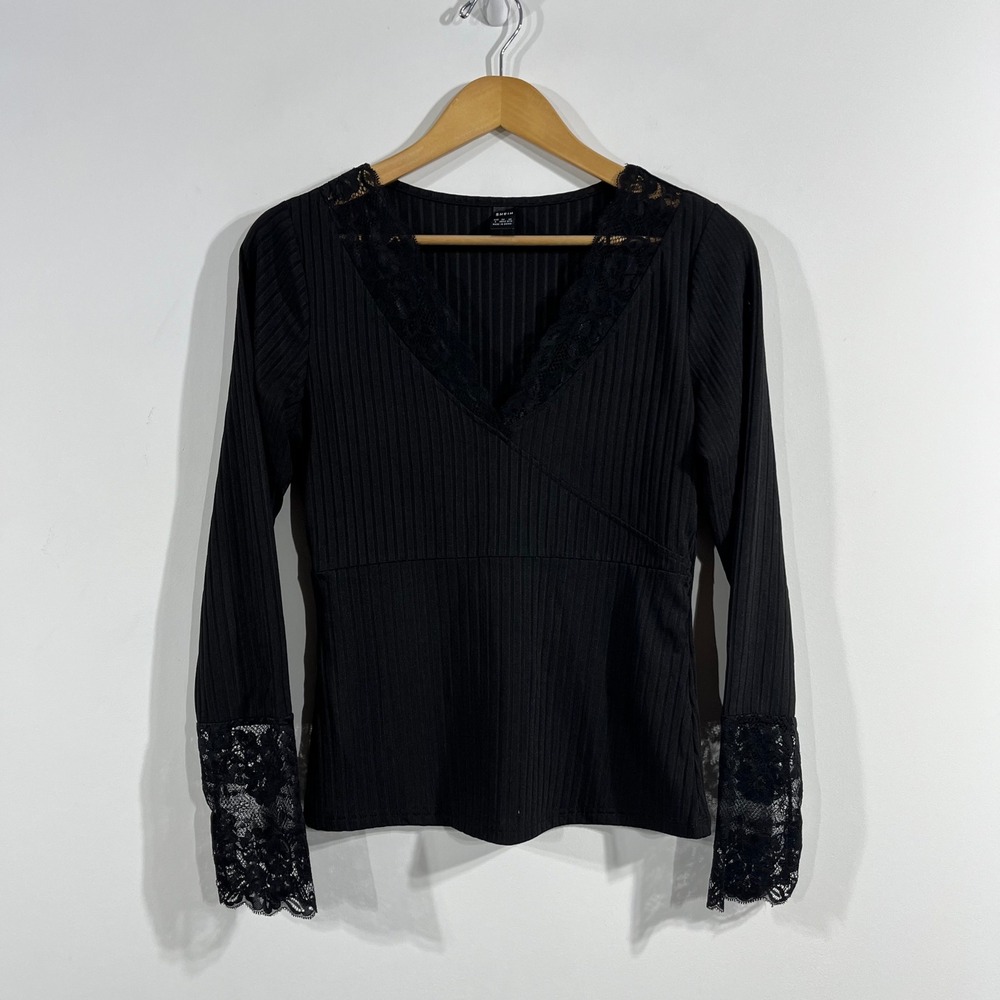 SHEIN Y2K Fairy Grunge Ribbed Lace Trim Wrap Top Womens‎ Large Witchy Whimsigoth